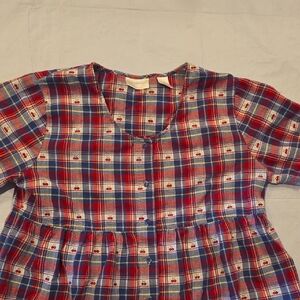 Cabernet Button-Front Muumuu House Dress Red Blue Plaid‎ Cherries Cottagecore XL